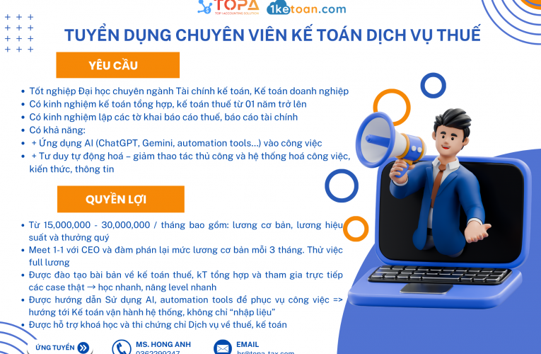 TOPA Tuyển Dụng Kế Toán Thuế & Thực Tập Sinh Kế Toán 2026 | Mô Hình Kế Toán Ứng Dụng AI