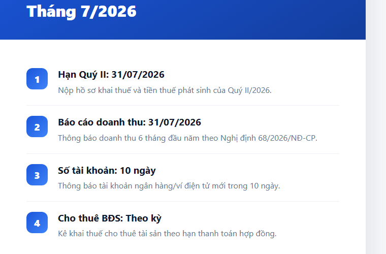 Cảnh báo tháng 07/2026: Lịch kê khai thuế Hộ kinh doanh và các mốc ‘nóng’ không thể quên